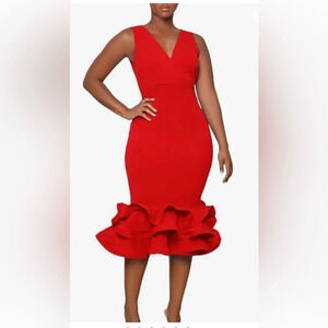 Kim Cine Curve Holiday Party Cocktail Dress High Waist Ruffle Pencil Dress NWT